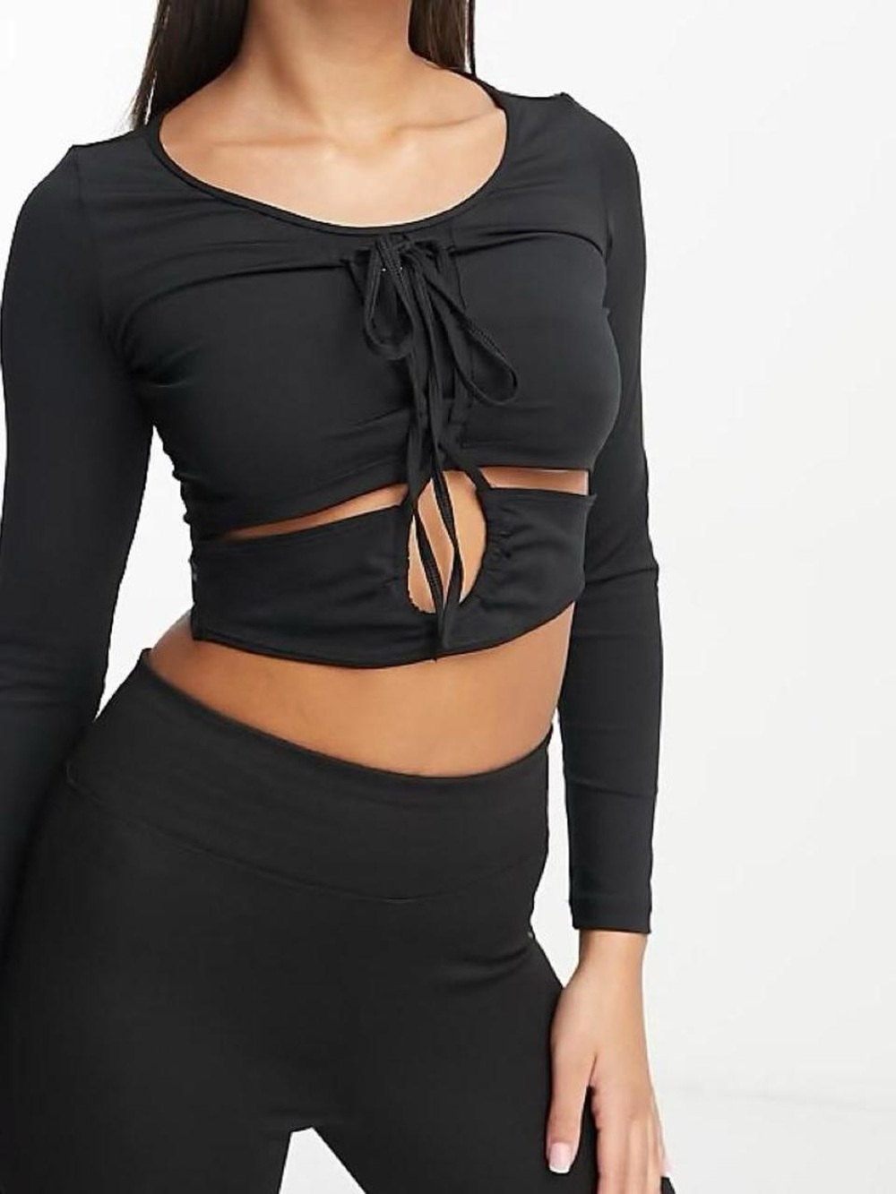 adidas Black Long-Sleeve Tie-Front Cutout Crop Top